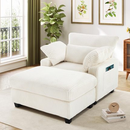 Indoor Chaise Lounge Chair, 57.52 “D Recliner, Corduroy Fabric + Upholstered Comfort Sofa for Living Room, Bedroom, Office(Beige)
