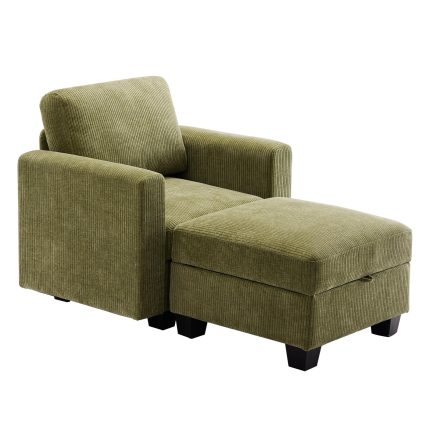 Oversized Accent Chair with Ottoman Set,Corduroy Upholstered Armchair,Modular Single Sofa with Storage Seat,Reading Chair with Footrest for Bedroom Apartment Living Room Furniture,Green