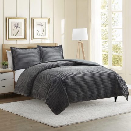 Premium Flannel Duvet Cover Set - 3 PC Reversible Full Comforter Cover Set with Microfiber Back - 1 Velvet Duvet Cover Full & 2 Pillow Shams 80 x 90 inches - Charcoal Gray