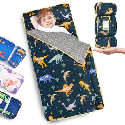 Thickened Toddler Nap Mat with Removable Pillow and Minky Blanket, Extra Large 55''x35'' Sleeping Bag, Washable, Roll up, Perfect for Daycare, Preschool, Kindergarten, Boys and Girls Dinosaur