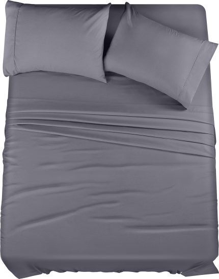 Bedding Queen Sheet Set – 4 Piece Bed Sheets for Queen Size Bed, Soft and Breathable Microfiber, Includes 1 Fitted Sheet, 1 Flat Sheet and 2 Pillowcases (Grey)