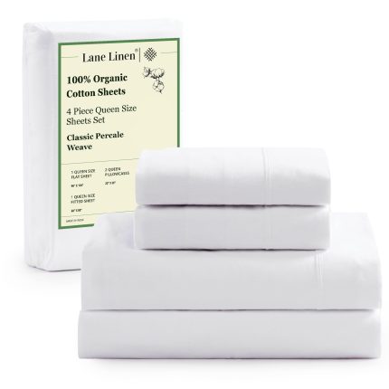 Eco Friendly 100% Organic Cotton Queen Sheet Set, Soft & Comfy Fully Elasticized 15" Deep Pocket Bed Sheets, Low Pill Naturally Cooling Machine Wash Sábanas Queen- White Bed Sheets