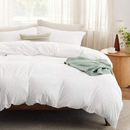 White Duvet Cover Queen Size - 3 Pieces Prewashed Cotton-Like Extra Soft Bedding Set, Includes 1 Duvet Cover 90x90 Inches with Zipper Closure & 2 Pillow Shams, Comforter Not Included