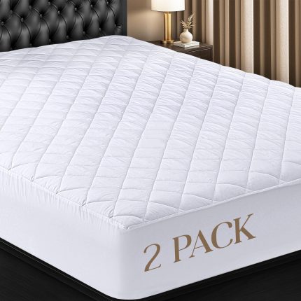 Bedding Quilted Fitted Mattress Pad, Queen Size, Elastic Fitted Mattress Topper Protector and Cover Stretches up to 16 Inches Deep, Machine Washable (White)